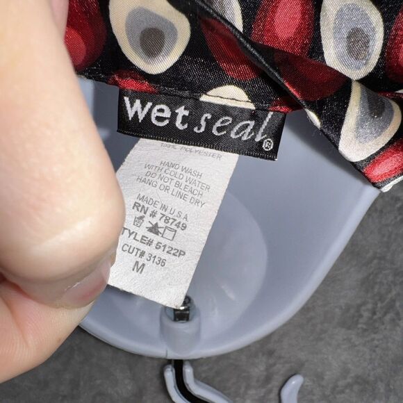 Wet Seal Retro Satin Blouse M Red Black Circle Print Smocked Waist Tie Top Y2K - Picture 7 of 9